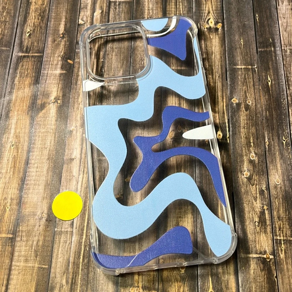 5for$10 Clear iPhone 15 Pro Max Phone Case Art Wavy-Painted Baby Blue And Blue